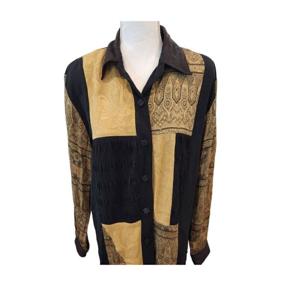 Vintage 80s Saint Germain Paris Black Metallic Gold Long Sleeve Shirt Blouse S